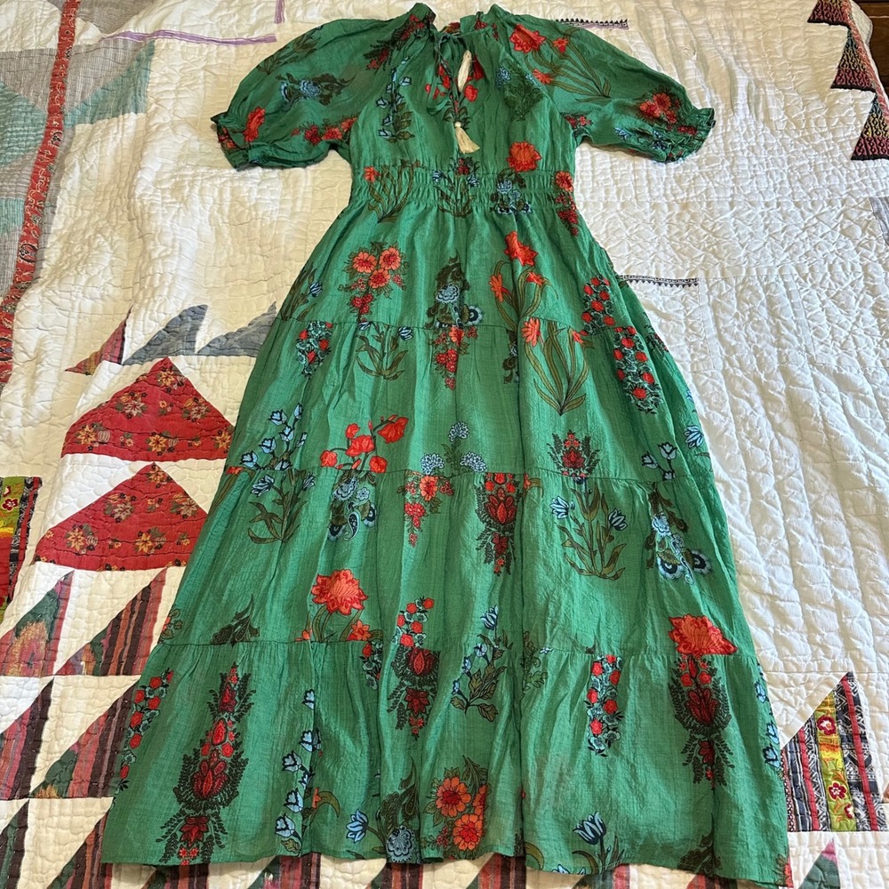 THML Maxi Dress Green Floral Tiered Smocked Tassel Size Small